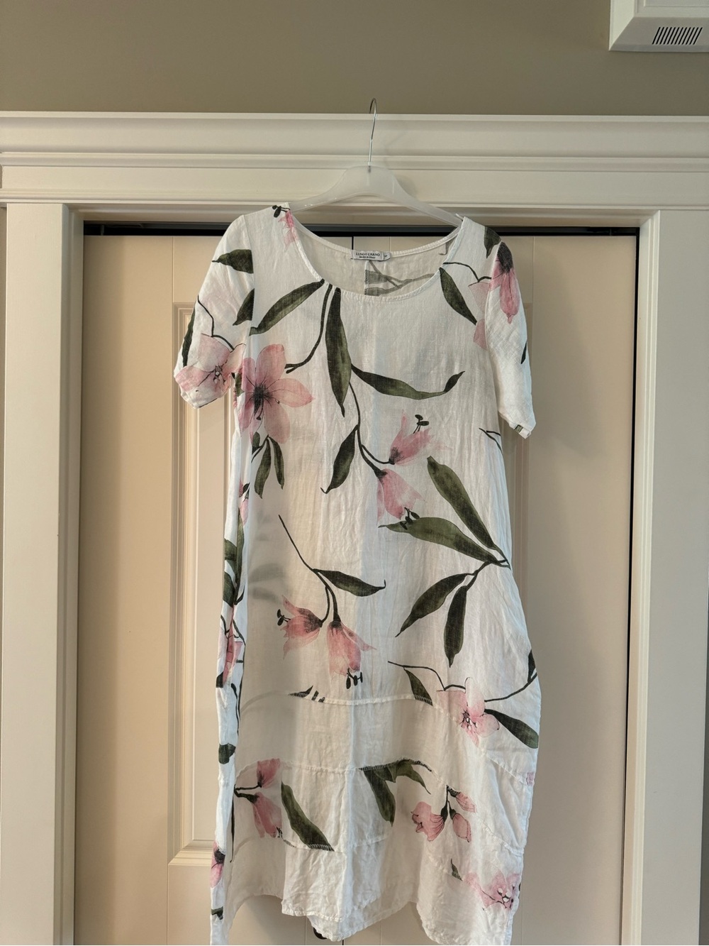 100% Linen❤️Floral Scoop Neck White Dress with Pink BloomsPTP 19 1/2 L42